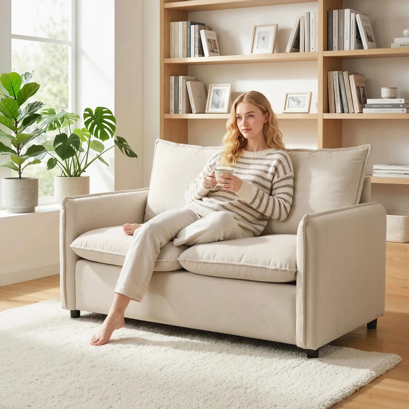 HOMCOM Canapé 2 Places Rembourré en Tissu Effet Cuir Respirant, Rembourrage Épais, 2 Coussins, Accoudoirs, pour Salon, Crème