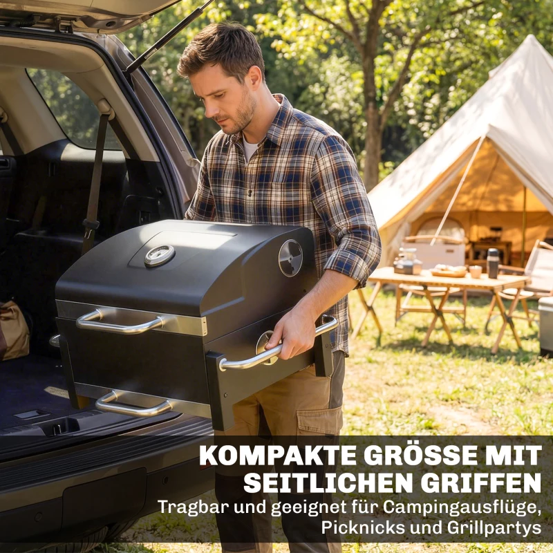 Outsunny Holzkohlegrill aus Stahl tragbarer BBQ Smoker mit Deckel verstellbare Lüftung zweistufige Kohlepfanne Thermometer