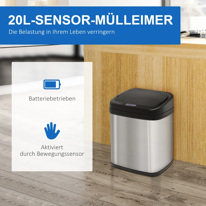 HOMCOM Sensor Mülleimer 20L Edelstahl Automatischer Mülleimer mit Bewegungssensor, Inneneimer 33 x 25 x 42,5 cm Silber+Schwarz
