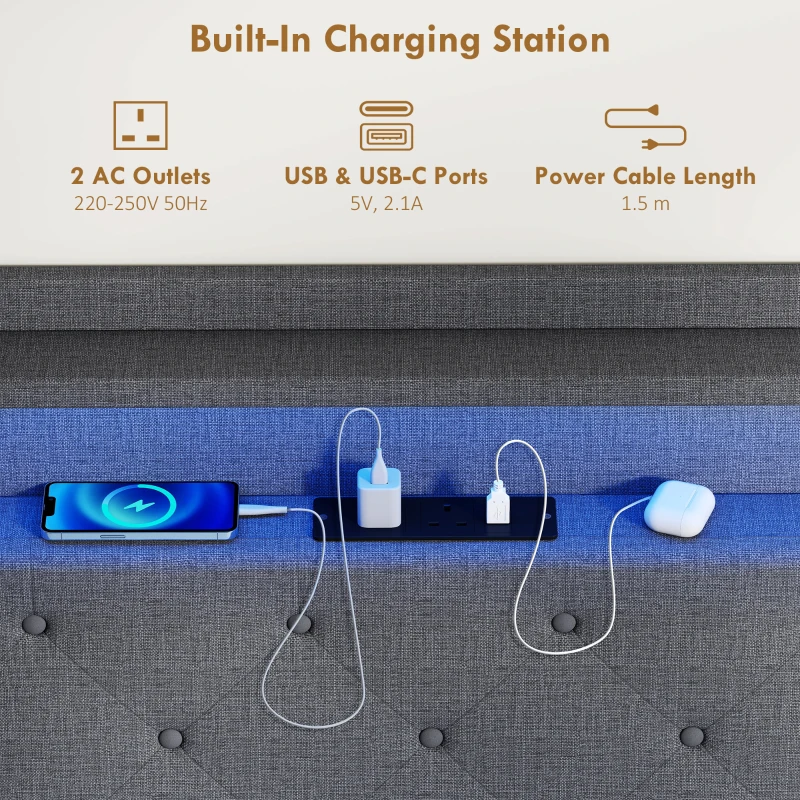 HOMCOM Floating Bed Frame, Upholstered 4ft6 Double Size Bed, Platform Bed with RGB LED Lights and Charging Station, Grey