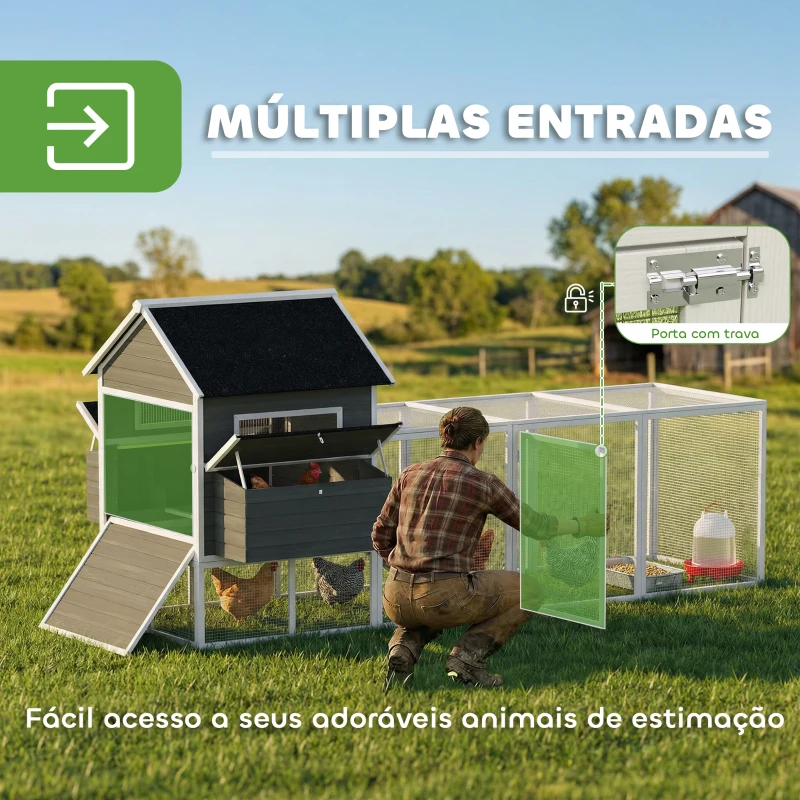 PawHut Galinheiro de Madeira Grande para Exterior com 2 Ninhos Cercado Telhado de Asfalto Bandeja Removível e Rampa 347x160x150 cm Cinzento Escuro