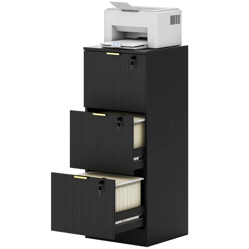 HOMCOM Filing Cabinet, Fluted Vertical File Cabinet with 3 Lockable Drawers and Hanging Rails, Black