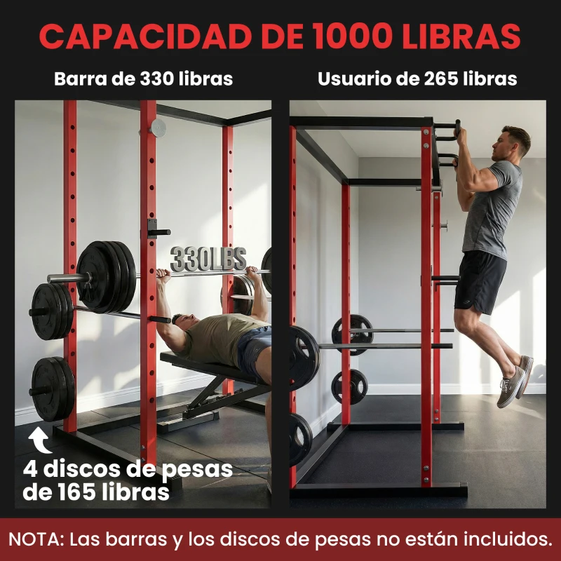 SPORTNOW Jaula de Potencia Rack de Sentadillas con Barra Dominadas Estación de Fondos Ajustable para Casa Gimnasio Carga 460 kg
