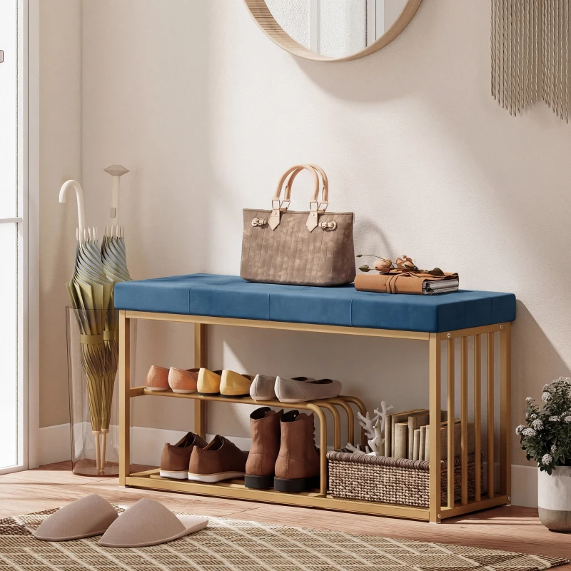 HOMCOM Bench and Shoe Storage, Tufted Shoe Storage Bench with Velvet Seat Cushion Gold Steel Frame for Entryway, Dark Blue