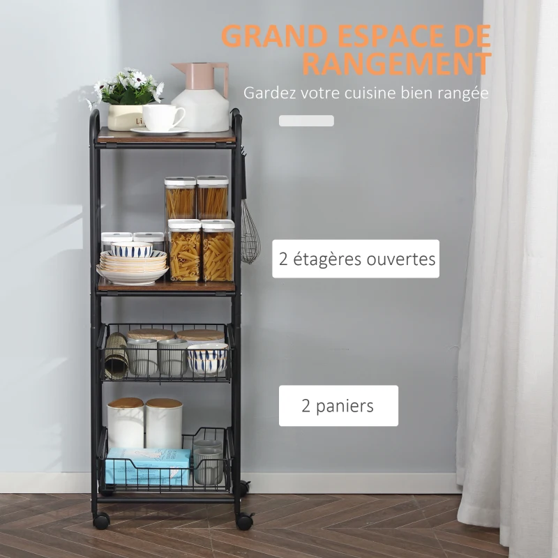 HOMCOM 4-Tier Rolling Kitchen Cart with 2 Baskets, Shelves and Side Hooks, 40 x 38 x 111 cm, walnut