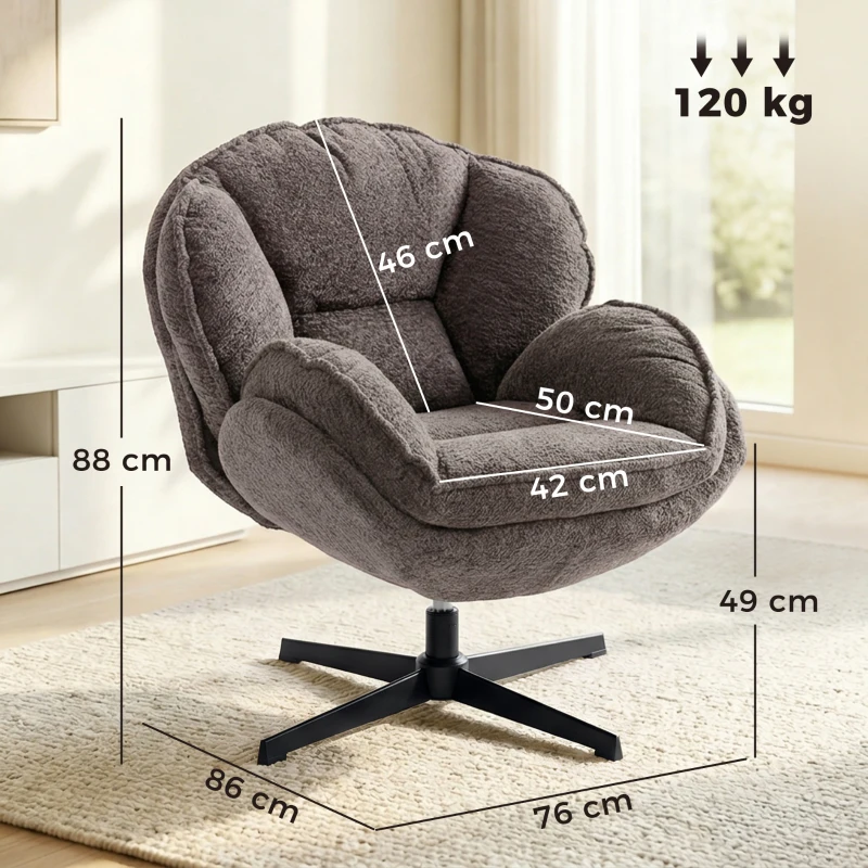 HOMCOM Fotoliu wingback modern, fotoliu cu braţe din catifea cu bază în patru braţe, arcuri în S, funcţie de rotaţie 360°, gri
