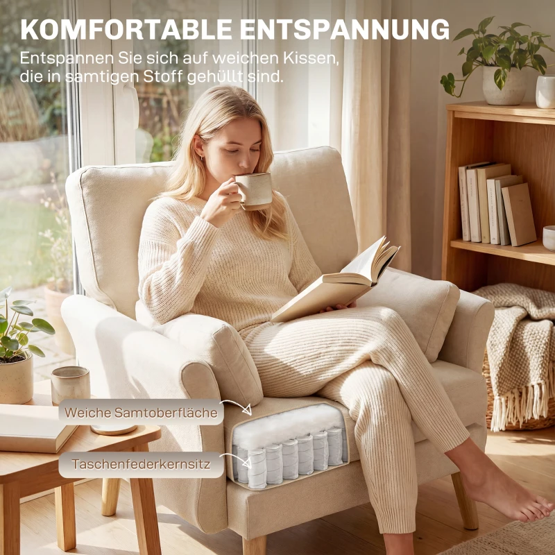 HOMCOM Samtgepolsterter Sessel, Übergroßer Akzentstuhl mit Holzbeinen, Lesesessel für Wohn- und Schlafzimmer, Cremeweiß