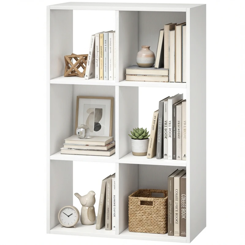 HOMCOM Industrial Style Storage Shelf, Bookcase, Bookshelf with 6 Compartments, for Living Room, Home Study, White Wood Effect