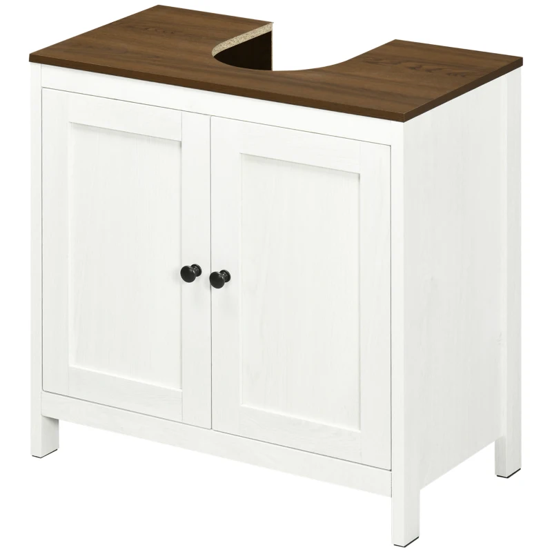 kleankin Under-Sink Bathroom Cabinet 2 Doors with Shelf 60 x 30 x 60 cm White & Wood Effect