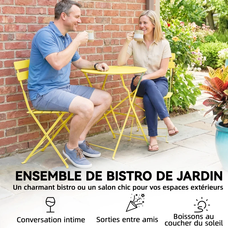 Outsunny Ensemble Bistrot de Jardin 3 Pièces Table et 2 Chaises Pliantes à Lattes Double Protection Antirouille Jaune
