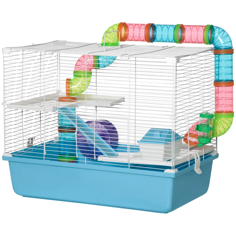 PawHut 3-Level Hamster & Rodent Cage with Tunnel, Water Bottle, Wheel, Little House, Ladders dim. 59L x 36l x 47H cm