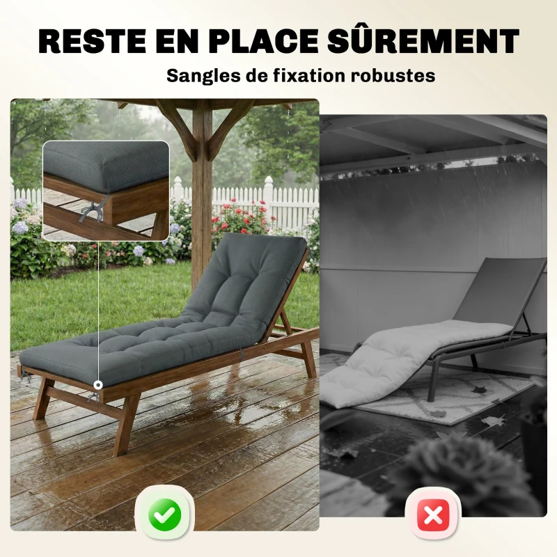 Outsunny Coussin Bain de Soleil Chaise Longue en Mousse à Mémoire avec Sangles, Protection UV50+, 198x65x13cm, Gris foncé