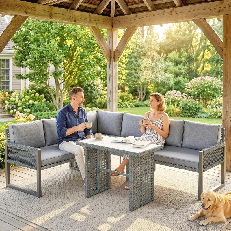 Outsunny 6 Seater Rattan Garden Furniture Set with 3 Loveseats, Table, Patio Rattan Furniture Corner Sofa Set, Grey