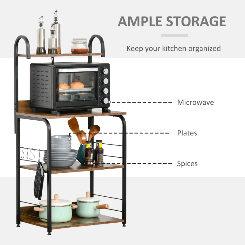 HOMCOM 4-Tier Baker's Rack, Microwave Stand with 4 Hooks, Kitchen Storage Unit for Spices, Pots and Pans, Rustic Brown
