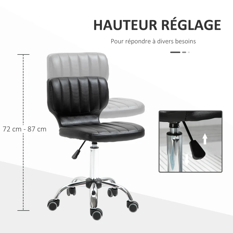 HOMCOM Rolling stool - 360° swivel work stool - ergonomic stool - adjustable seat height 47-62 cm - quilted PU upholstery black chrome metal