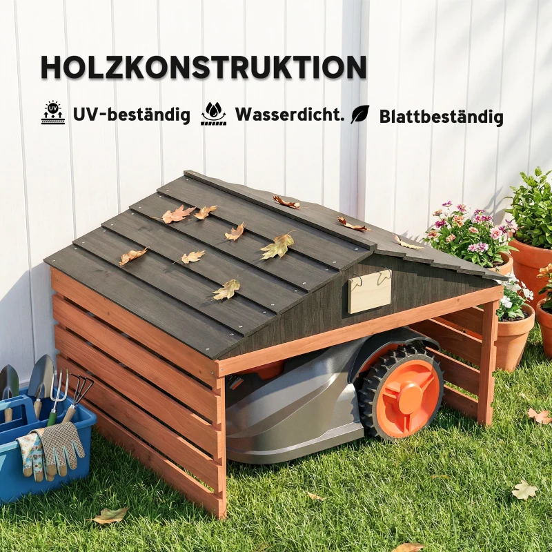 Outsunny Mähroboter Garage Holz Überdachung mit Satteldach wetterfest Garage für Rasenmäher Unterstand 79 x 74 x 54 cm Rotbraun