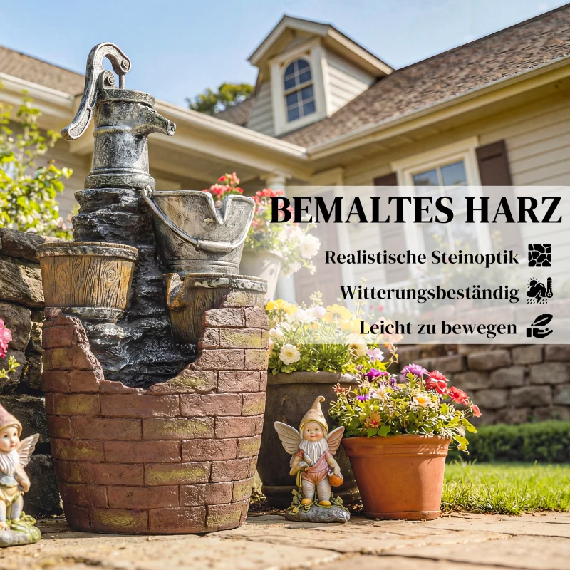 Outsunny Springbrunnen 4-stufig rustikal Gartenbrunnen mit LED Beleuchtung Pflanzkübel Pumpe, Verstellbar 34 x 31 x 76 cm