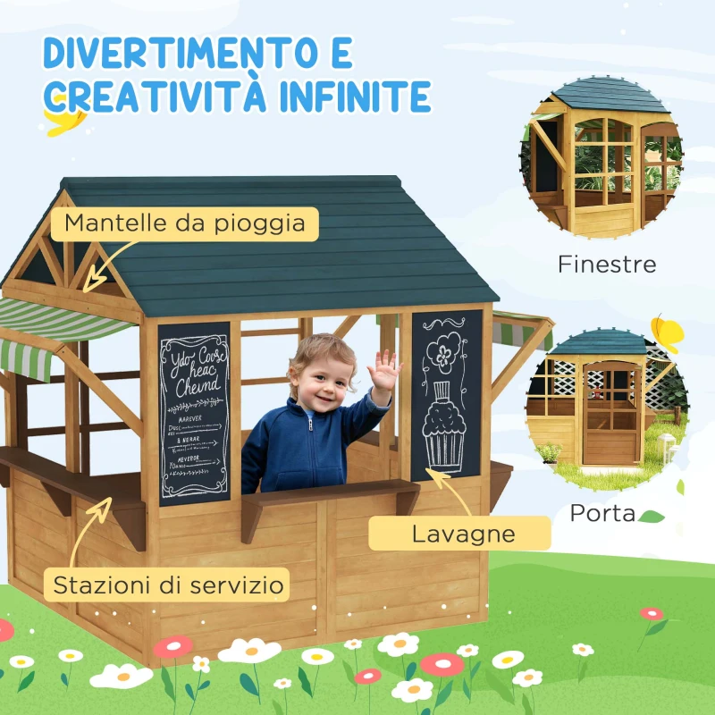 AIYAPLAY Casetta per Bambini 3-8 Anni con 5 Finestre e 2 Lavagne, in Legno di Abete, 173x117x144 cm, Marrone e Blu