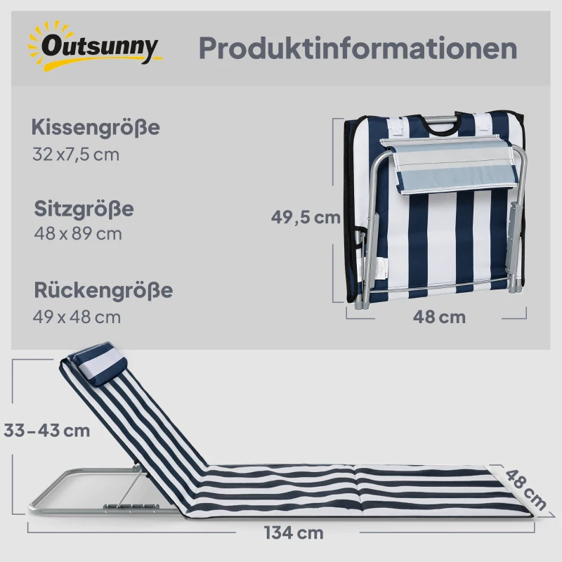 Outsunny Sonnenliege klappbar Gartenliege mit Kopfkissen Liegestuhl mit 5-Fach verstellbare Rückenlehne Tragetasche Blau
