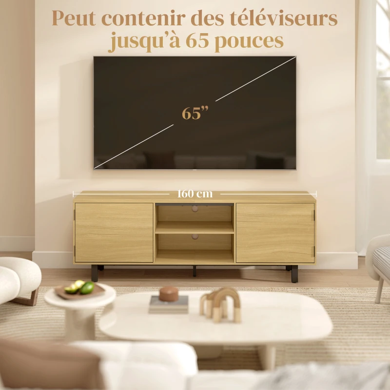 HOMCOM Meuble TV, meuble télé jusqu'à 65 pouces, 2 portes à ouverture par pression et 2 étagères, 160x35x55,5cm, bois naturel