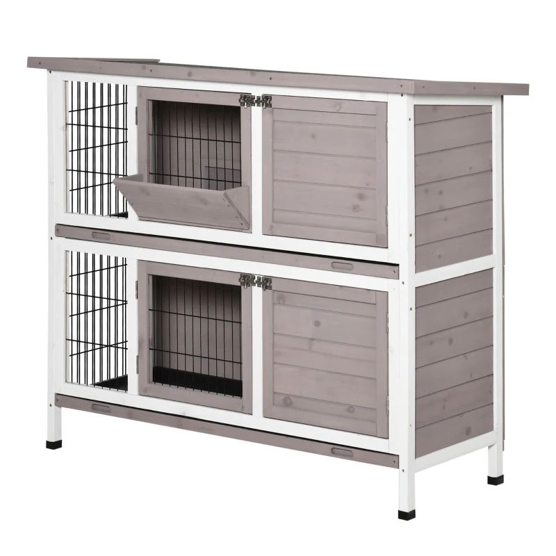 PawHut Solid Wood Rabbit Hutch 2-Level Lift-Top Roof with Feeder Sliding Trays 4 Doors 122 x 50 x 101 cm Gray White