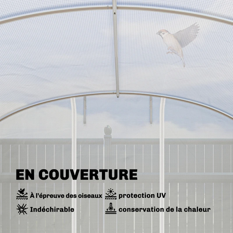Outsunny Serre tunnel de jardin 24m², serre de jardin tunnel avec cadre en acier galvanisé, portes et 2 grandes fenêtres, blanc