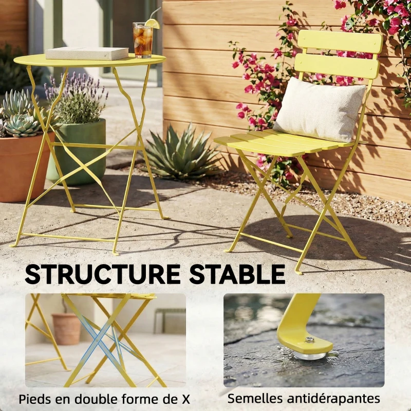 Outsunny Ensemble Bistrot de Jardin 3 Pièces Table et 2 Chaises Pliantes à Lattes Double Protection Antirouille Jaune
