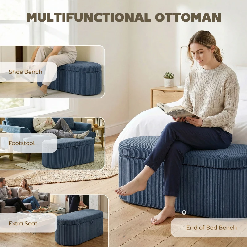 HOMCOM Storage Ottoman, Corduroy Upholstered Ottoman Storage Box with Padded Seat, 105 x 51 x 49 cm, Blue