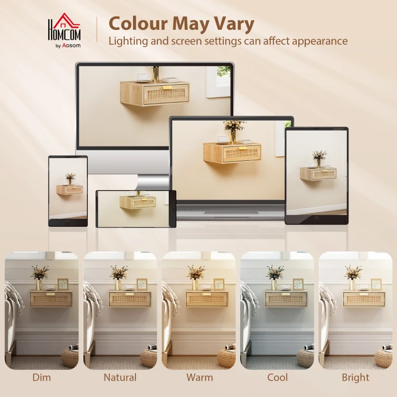 HOMCOM Floating Bedside Tables Set of 2, Wall Mounted Bedside Cabinets with Rattan Drawer and Wood Effect, Oak