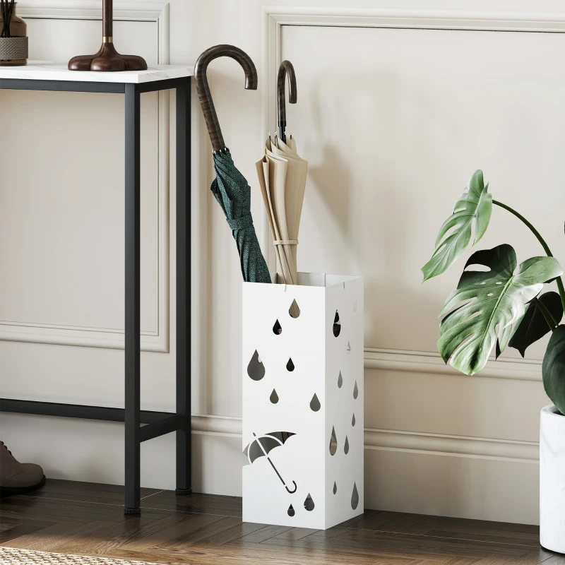 HOMCOM Porte-parapluie support à parapluie carré en acier avec 4 crochets et bac de récupération d'eau amovible blanc