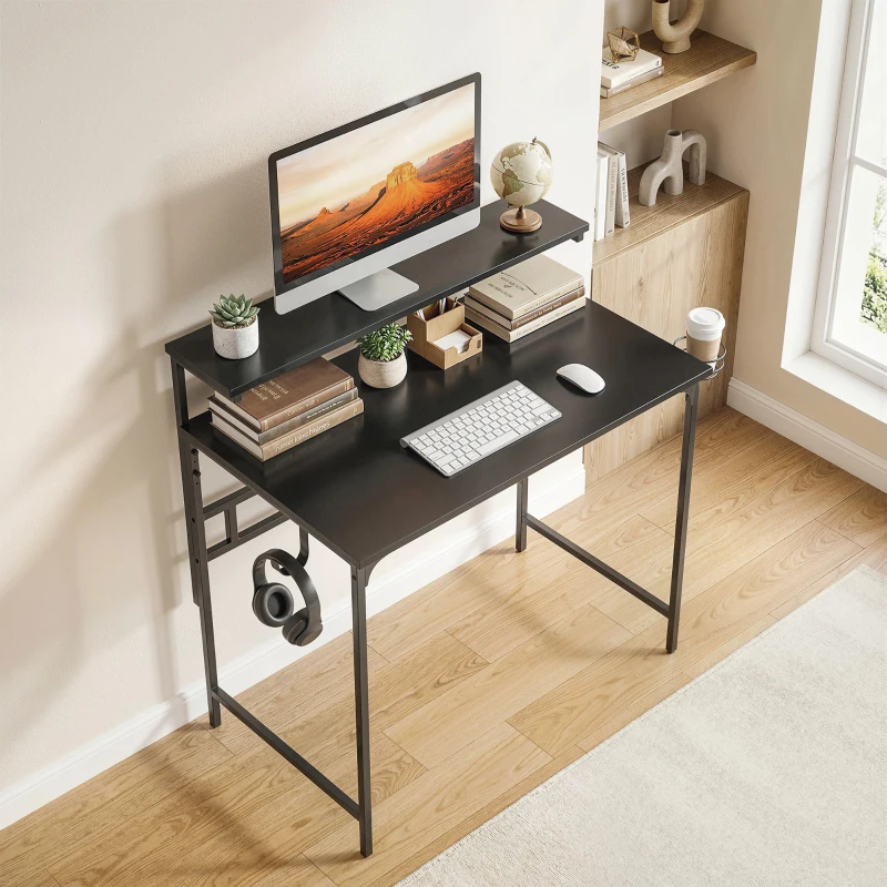 HOMCOM Computer Desk, 80cm Home Office Study Table with Hutch Shelf, Cup Holder, Headphone Hook, Black