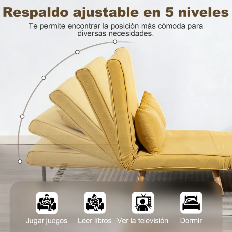 HOMCOM Sofá Cama de 2 Plazas Plegable Sofá Cama Tapizado en Lino con Respaldo Ajustable 5 Posiciones 2 Almohadas Amarillo