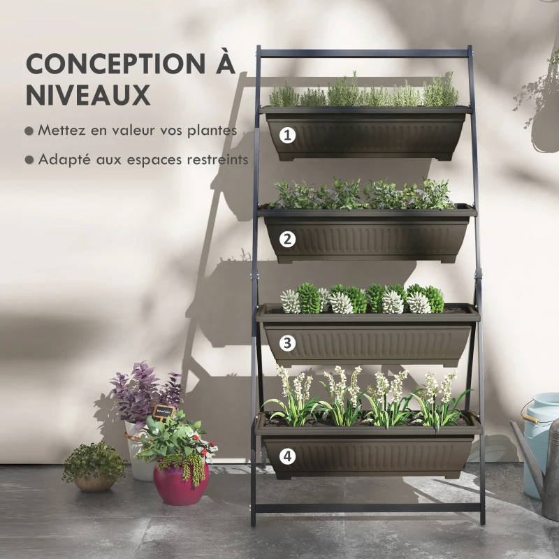 Outsunny Étagère à Fleurs en Acier 4 Niveaux, Support de Plantes Vertical avec 4 Bacs et Trous de Drainage, 76x79x162cm, Marron