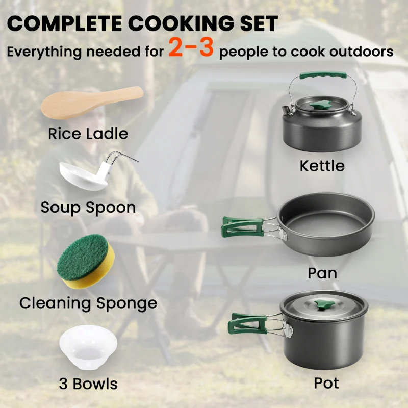Outsunny Camping Cookware Set for 2-3 People, Ultralight Aluminium Camping Cooking Kit with Anti-Scald Handles, Grey