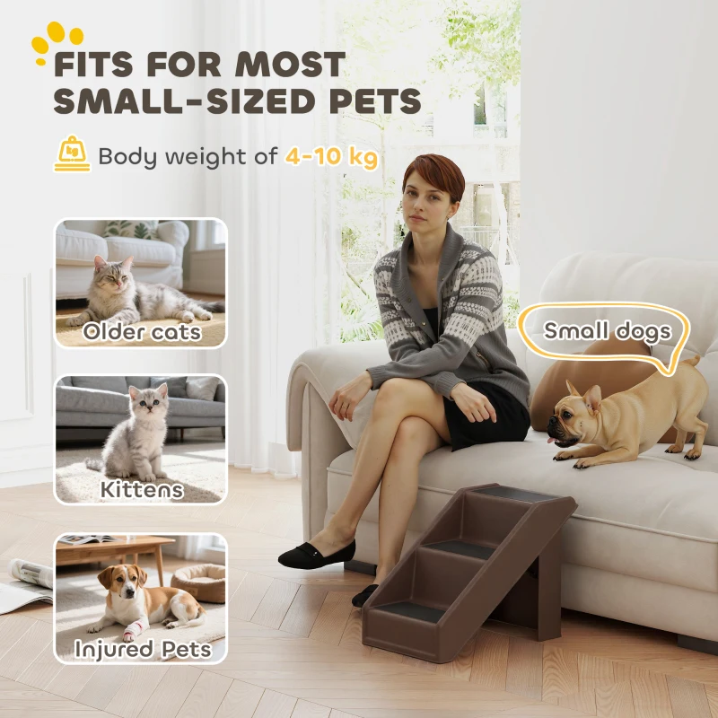 PawHut Huisdiertrap 3 Treden 36,5 cm Hoog Hondentrap voor Kleine Honden Inklapbaar voor Bed, Bank, Sofa en Auto Bruin