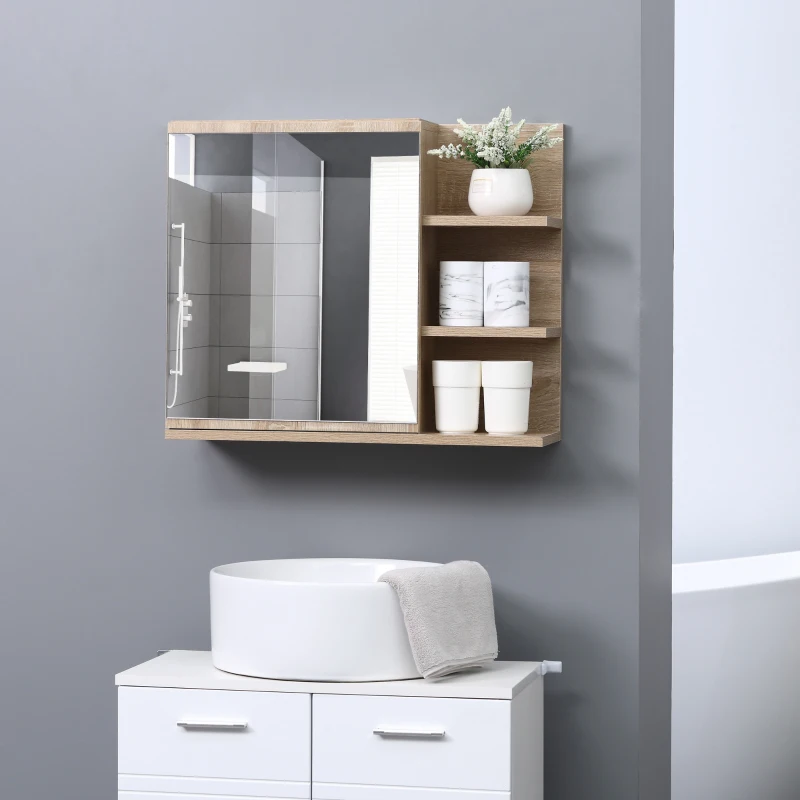 kleankin Bathroom Mirror Cabinet with Shelf - 3 Side Shelves - Wall Mounting Kit Included - Particle Board Light Oak Finish
