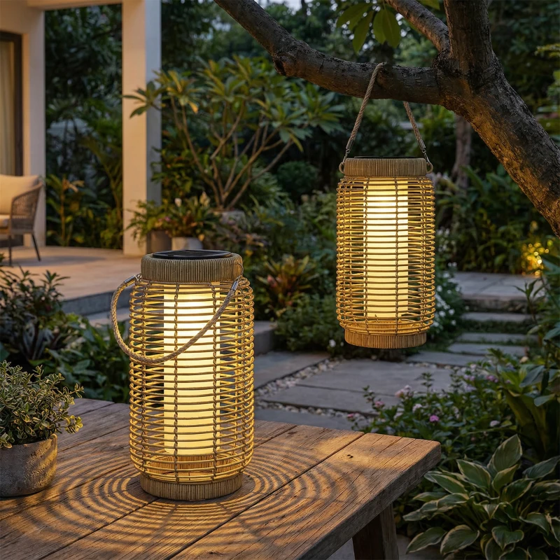 Outsunny Conjunto de 2 Postes Solares de Exterior em Resina Trançada Luminária LED de Jardim em Aço Liga/Desliga Automático Areia