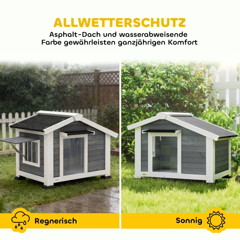 PawHut Hundehütte wetterfestes Hundehaus aus Holz mit herausnehmbarem Boden Asphaltdach öffnendem Fenster 98x76x69,5 cm Grau