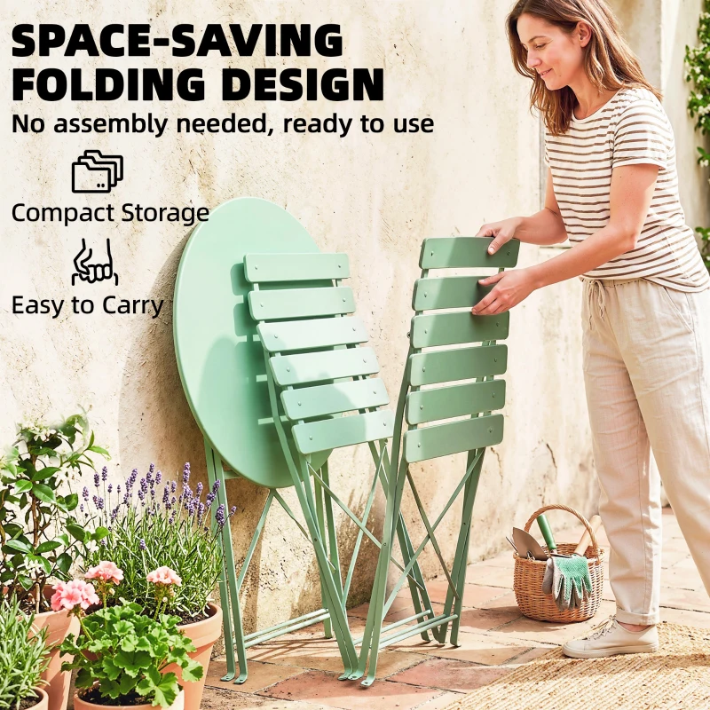 Outsunny Folding Garden Bistro Set, Outdoor Round Bistro Table and Chairs Set 2 with Electrophoresis Metal Frame, Light Green