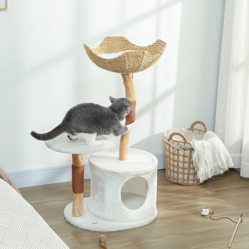PawHut Arbre à chat tour de jeux pour chats griffoirs plate-forme lit niche coussin moelleux lavable, 55 x 45 x 102 cm blanc