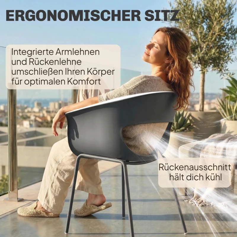 Outsunny Tuinstoelen set van 4 ergonomische balkonstoelen met uitsnijdingsdesign armleuning weerbestendig roestvrij Donkergrijs
