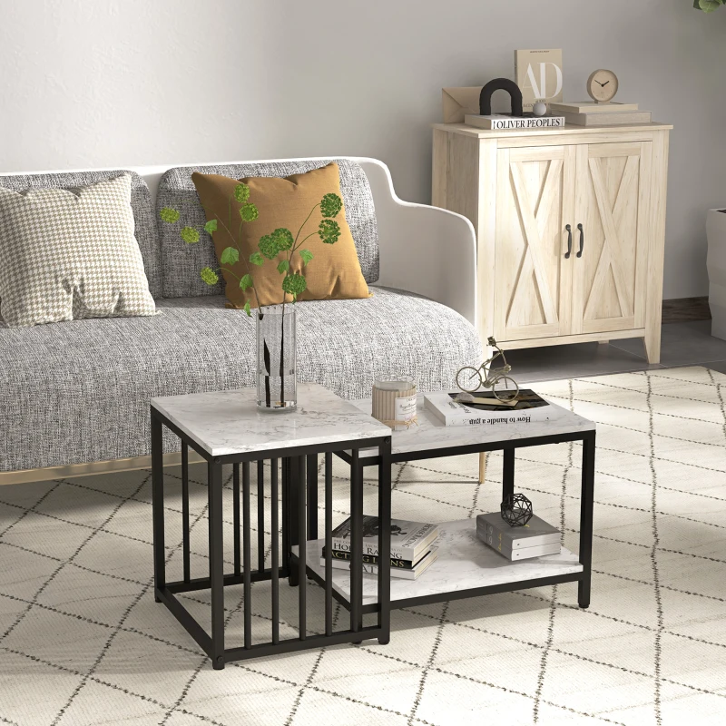 HOMCOM Set of 2 side tables nesting stackable coffee tables with marble-effect wood-look top black metal frame