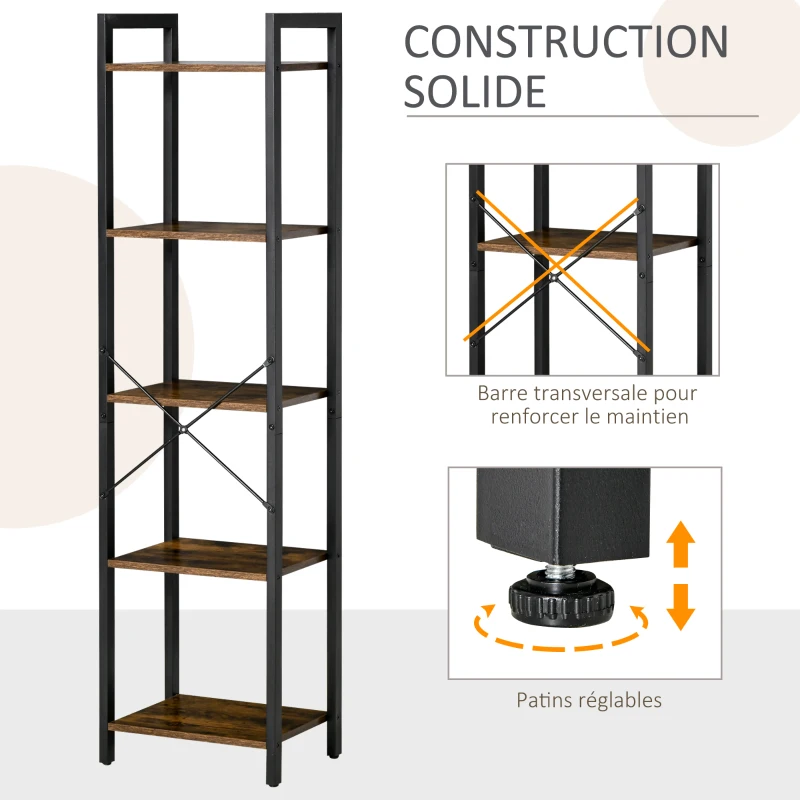 HOMCOM Industrial Style Bookcase H154 cm 5 Shelves Black Steel Particleboard Aged Wood Look
