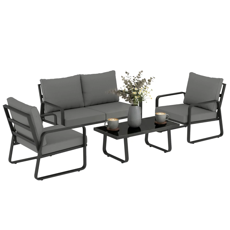 Outsunny 4 Piece Garden Furniture Set, Outdoor Sofa Set with Loveseat, 2 Armchairs, Coffee Table and Cushions
