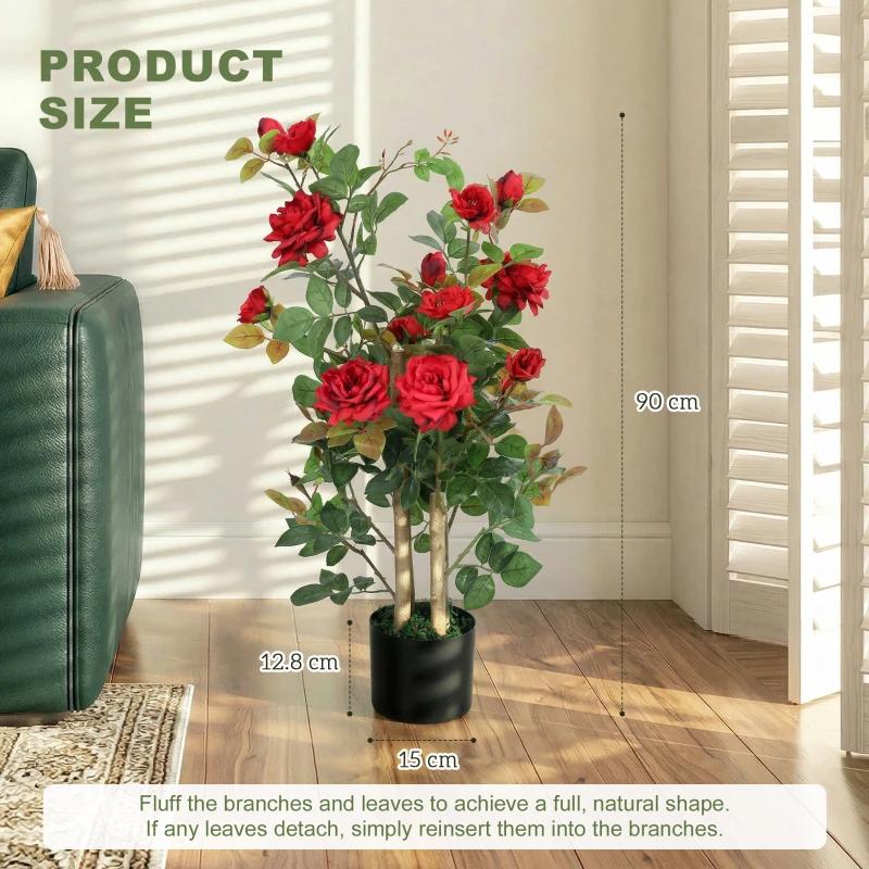 HOMCOM 90cm Artificial Rose Tree, Decorative Fake Plant with 344 Silk Leaves 17 Flowers for Outdoor Indoor Decor, Red