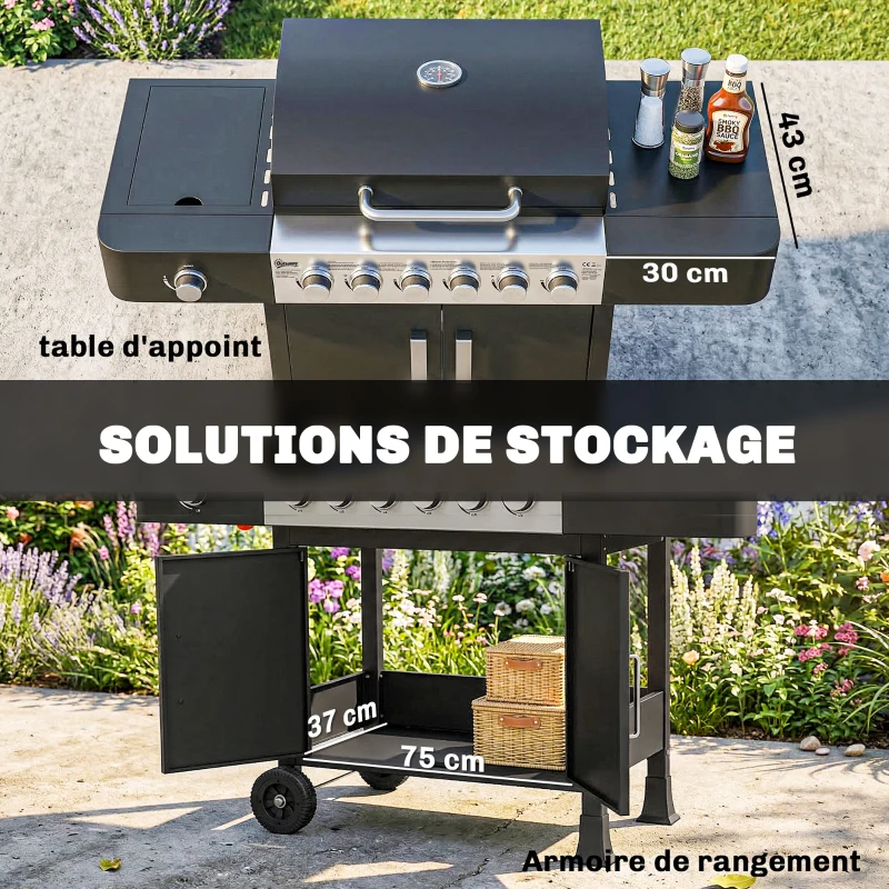 Outsunny Barbecue à gaz 6+1 brûleurs, chariot d'extérieur avec roues, grille de maintien au chaud, thermomètre, étagères latérales, noir