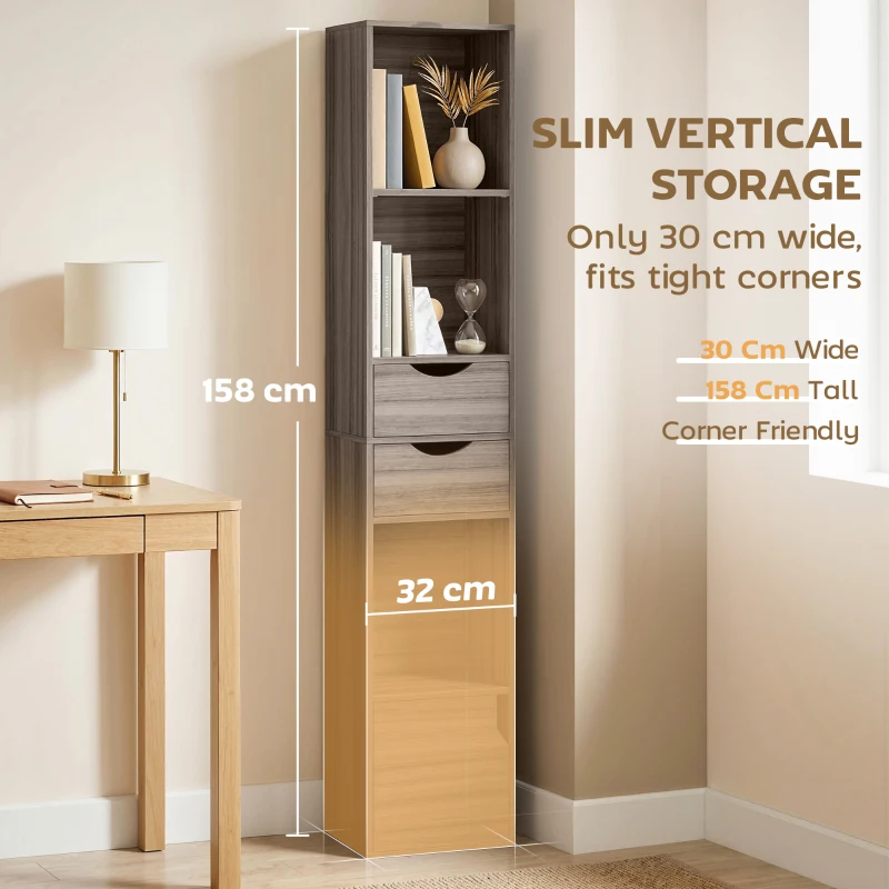 HOMCOM Bookcase with Drawers Adjustable Shelf Bookshelf with 2 Drawers and Cabinet 158 cm Grey