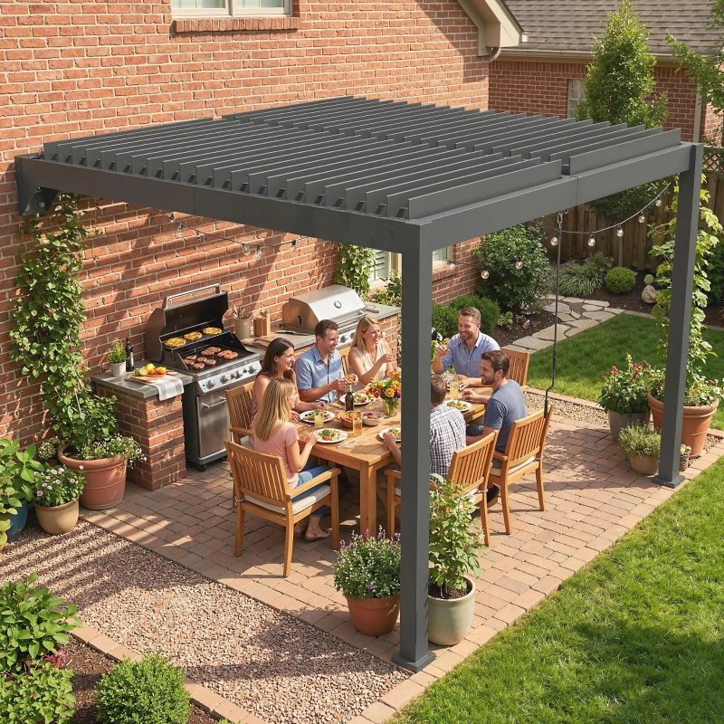 Outsunny Pergola ca. 3x3 m Aluminium Terrassenüberdachung mit verstellbar Lamellendach Wandmontage Dunkelgrau