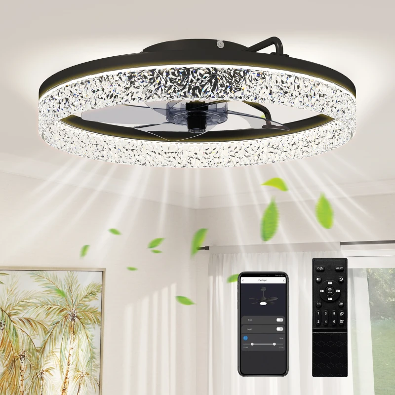 HOMCOM Ceiling Fan with Lights, Dimmable LED Mount Ceiling Fan Light with Remote App Control for Bedroom, Black