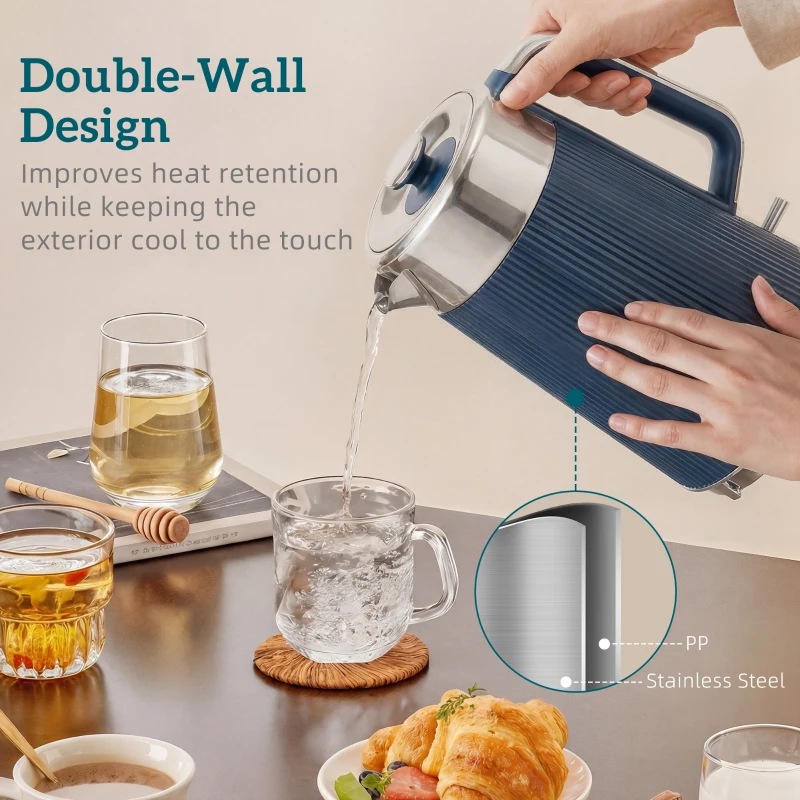 HOMCOM Electric Stainless Steel Kettle and Toaster Set, 3000W 1.7L UK Strix Thermostat Dark Blue